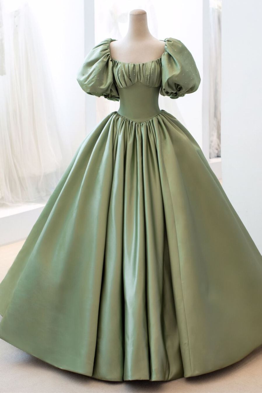Sage Green Satin Prom Dress with Short Bell Sleeves