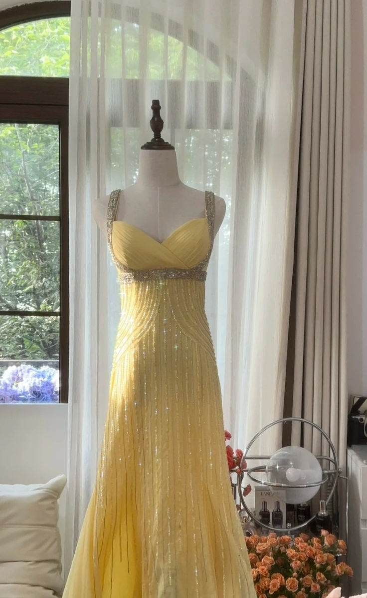 Yellow A Line Strap Beaded Sequin Chiffon Open Back Prom Dress Evening Dress SH2534