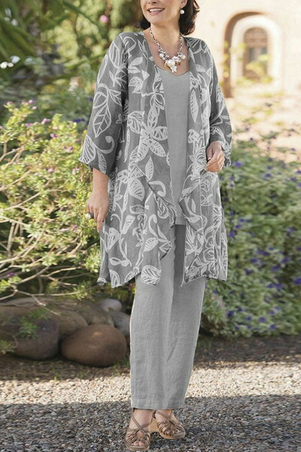 Cotton and Linen Printed Cardigan Three-piece Suits