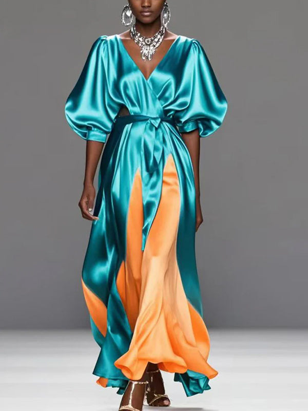 Blue V-neck Silk Colorblock Maxi Dress