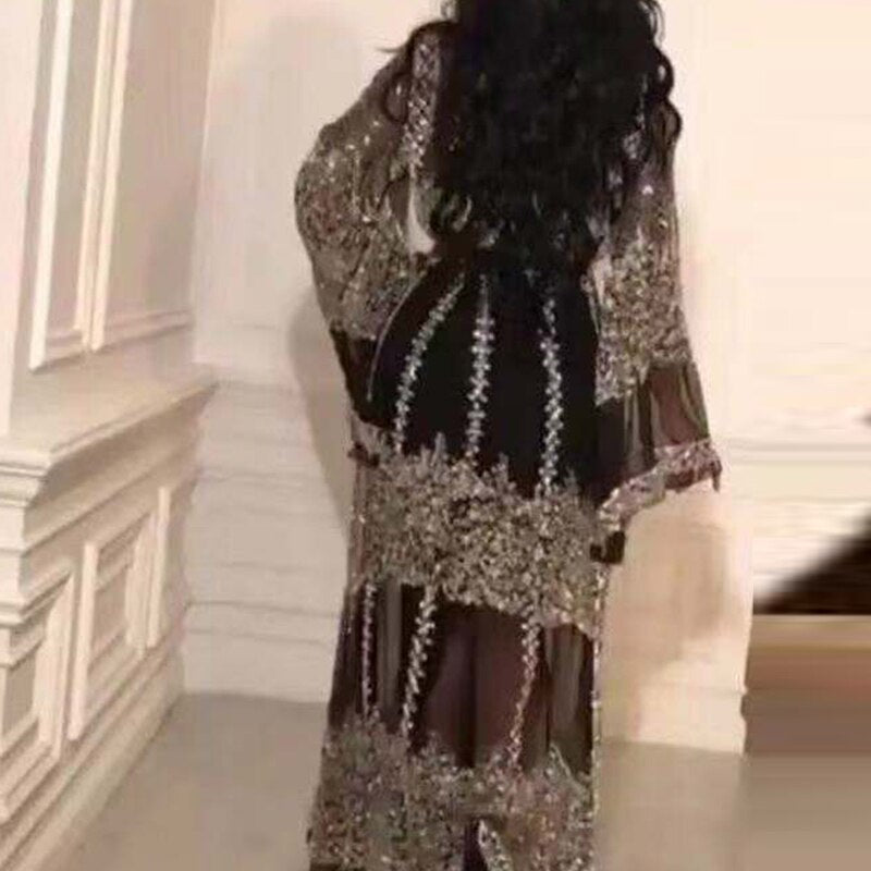 loveedsTM-Fashion Sequins Mesh Mopping Maxi Dress French Vintage Belt Women Club Dress Elegant O Neck Flare Sleeve Lace Evening Dress