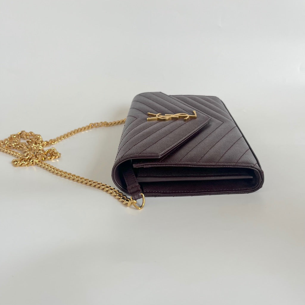 Saint Laurent burgundy Cassandre Chain Wallet in Matelassé Leather