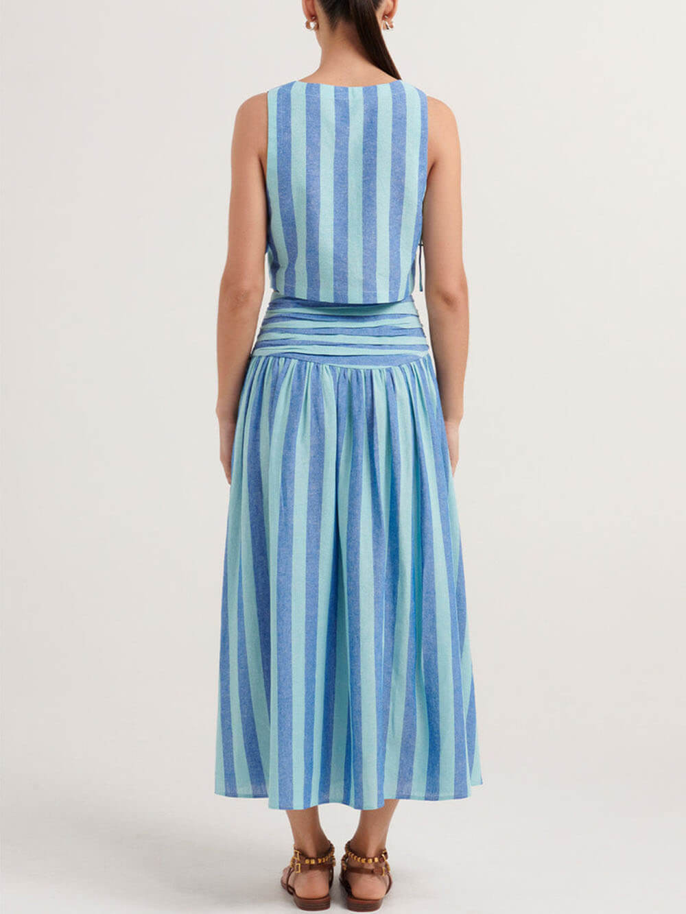 loveedsTM-Lace-up Tank and Ruched Waist Midi Skirt Set