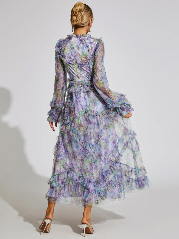 Mesh Printed Long Sleeves Maxi Dress