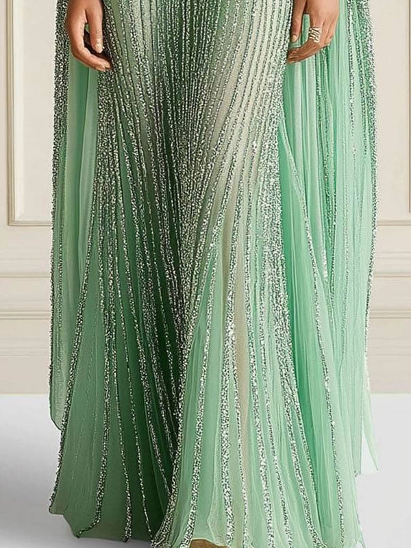 Evening Formal Gown Tulle Foil Fabric Cape Boat Neck Maxi Dress