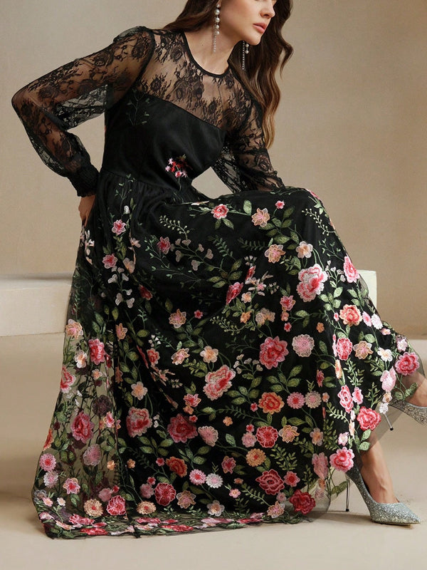 Floral Embroidered Lace Transparent Lantern Sleeves Dress