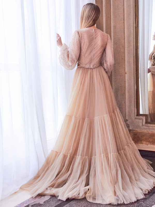 V-neck Long Sleeve Mesh Maxi Dress