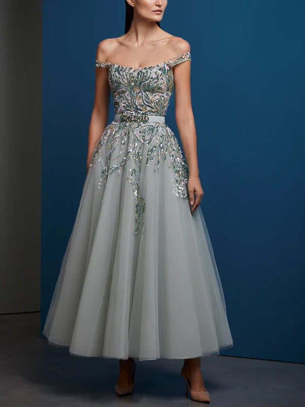 Off-The-Shoulder Sequined Mesh Midi Dress