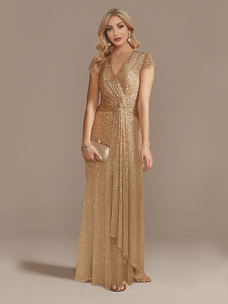 loveedsTM- New Luxury Champagne V-Neck Sequin Evening Dress Women Party Maxi Dress Beading Gowns Long Prom Cocktail Dresses