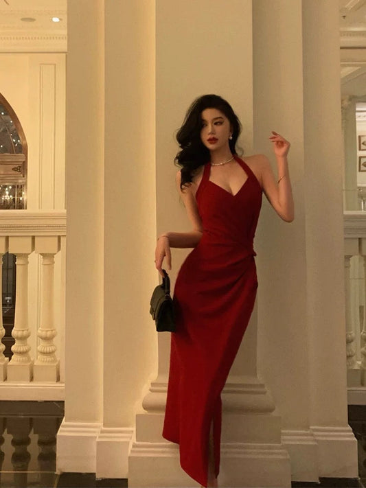 Sexy Sheath Halter Red Sleeveless Prom Dresses Party Dress Summer Birthday Outfits Birthday Dresses W810