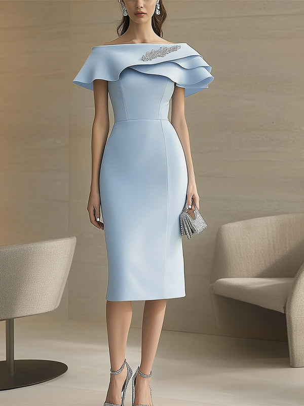 Light Blue Boat Neck Tights Midi Dress