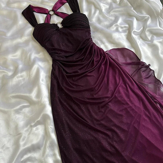 Purple Shiny Elegant Fashion Gradient Strap Long Tulle Ball Gown Evening Dress gh3203