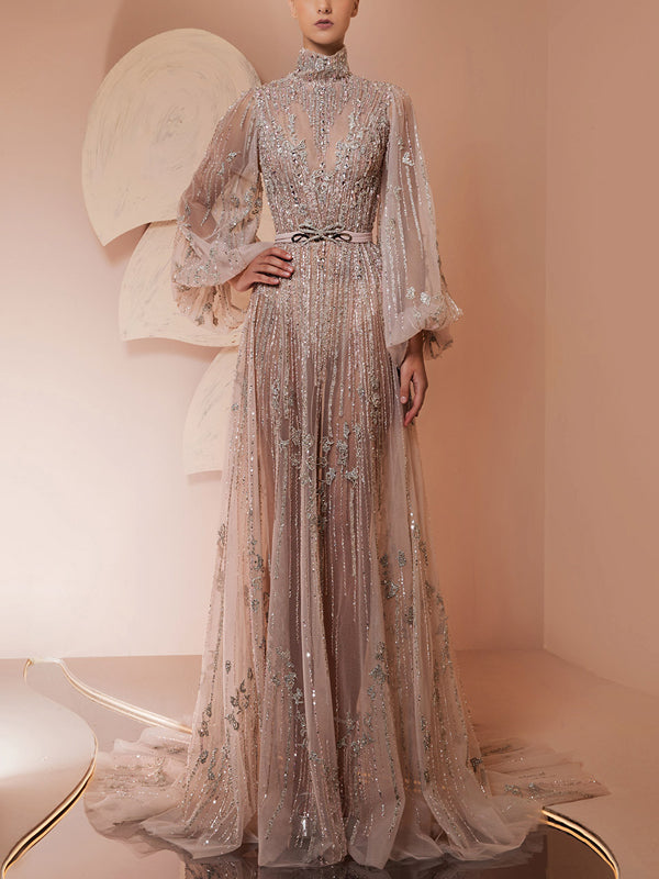 Sequined Mesh Solid Color Long Sleeves Maxi Dress