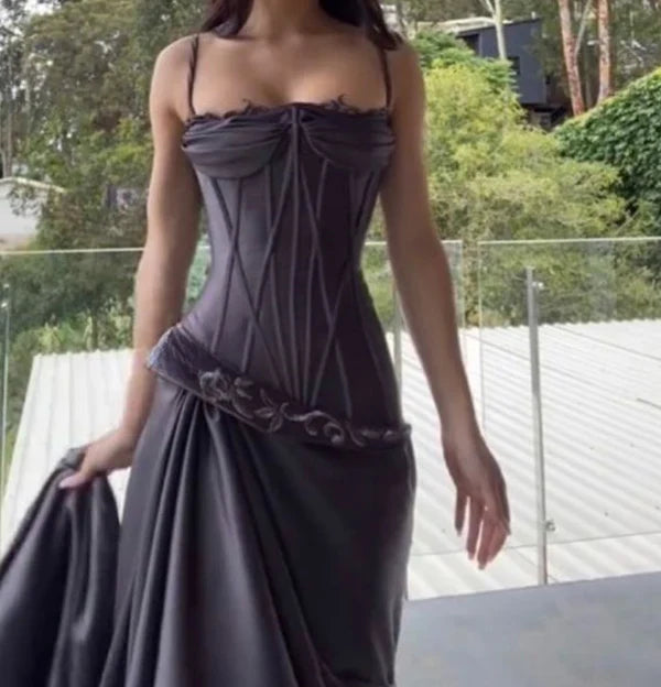 Purple vintage fashion spaghetti strap long satin prom dress, evening dress, party dress gh3525
