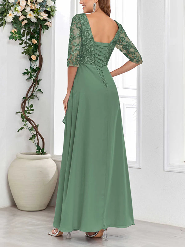 V Neck Half Sleeves Lace Appliques Long Chiffon Mother Of The Bride Dresses