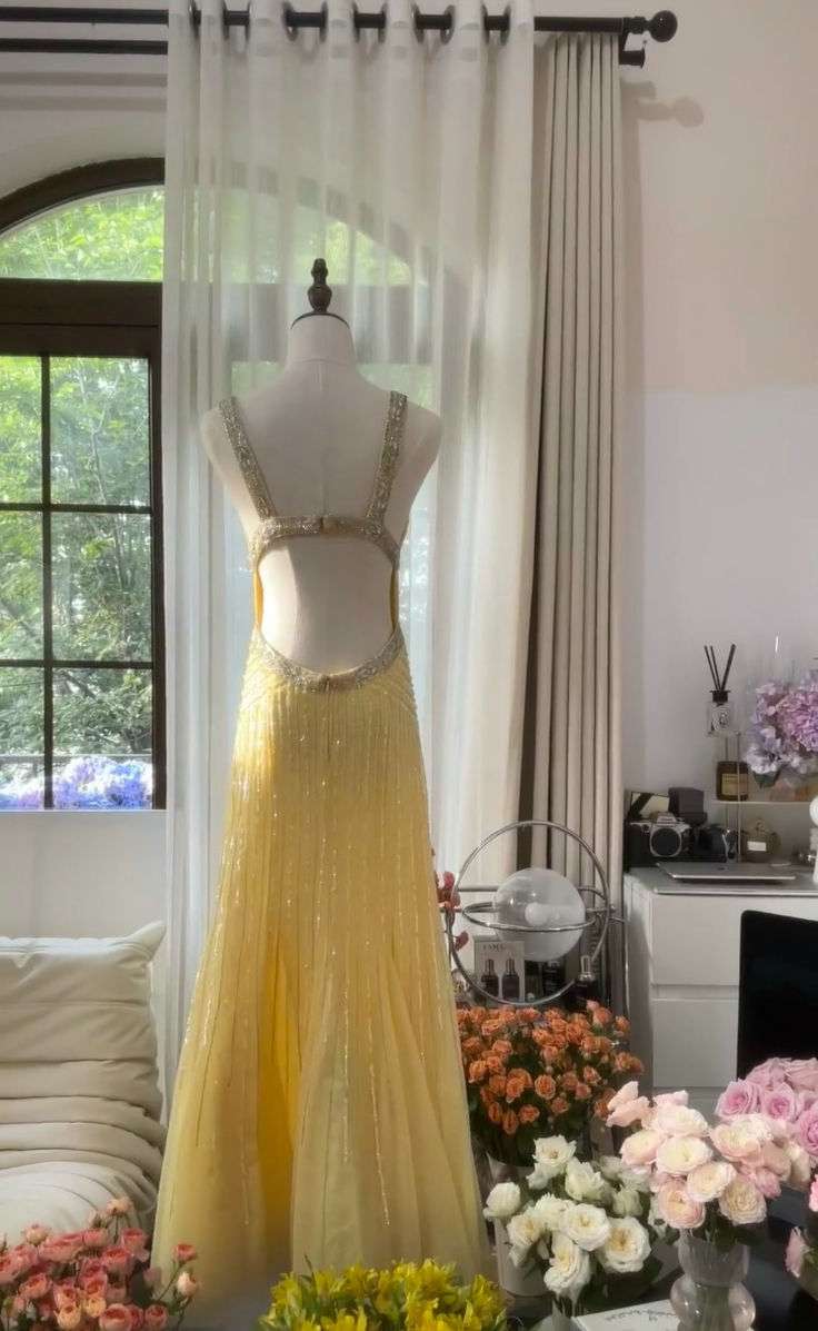 Yellow A Line Strap Beaded Sequin Chiffon Open Back Prom Dress Evening Dress SH2534
