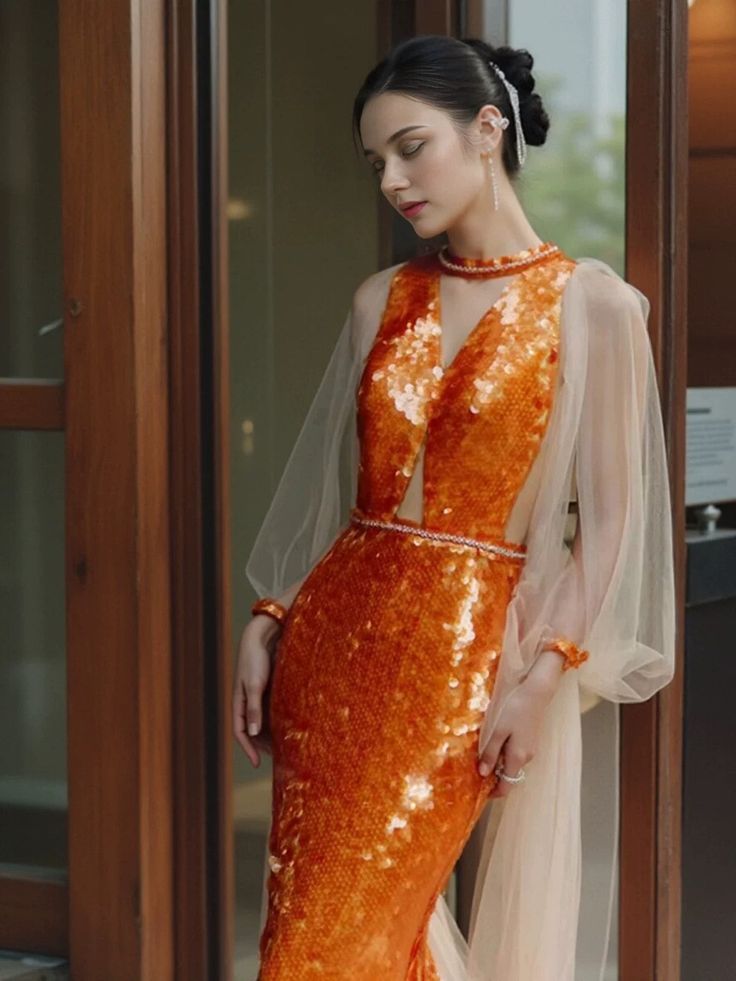 Orange Gorgeous Shiny Elegant Long Sleeve Tulle Long Sequin Mermaid Slim Ball Gown Evening Dress Party Dress gh3386
