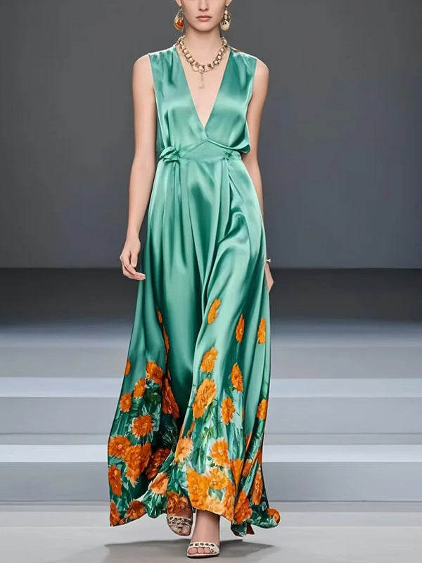 Light Green V-Neck Silk Print Sleeveless Maxi Dress