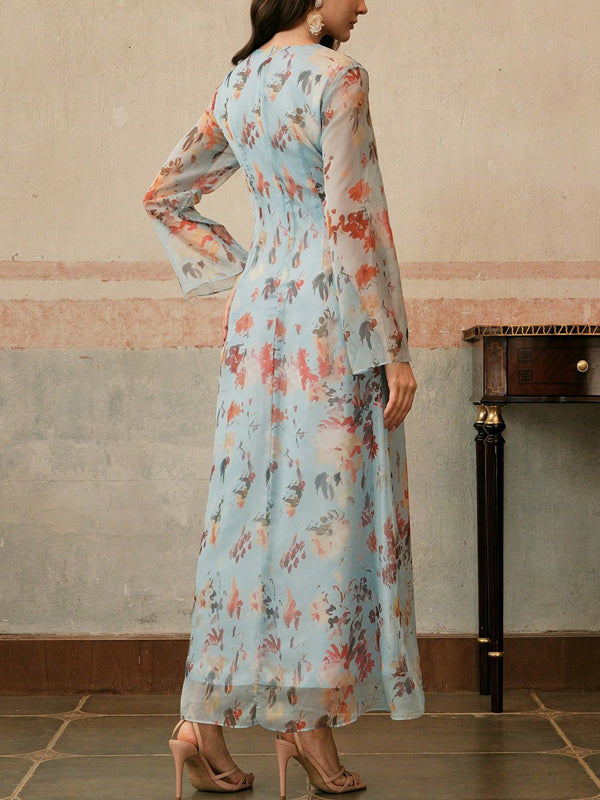 Women's Elegant Floral Print Long Sleeve Resort Dress