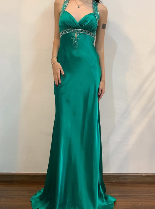 Vintage Sheath V Neck Sequin Beaded Green Satin Open Back Prom Dress Evening Dress SH2128