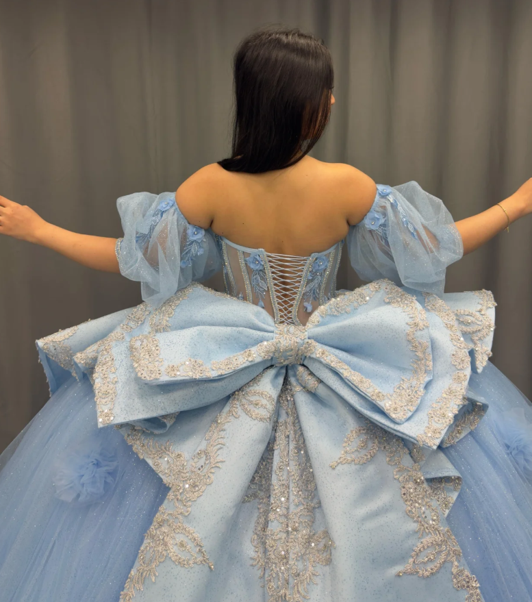 Romantic Poofy Baby Blue Floral Puff Sequin Tulle Ball Gown Quinceanera Dress SH3268