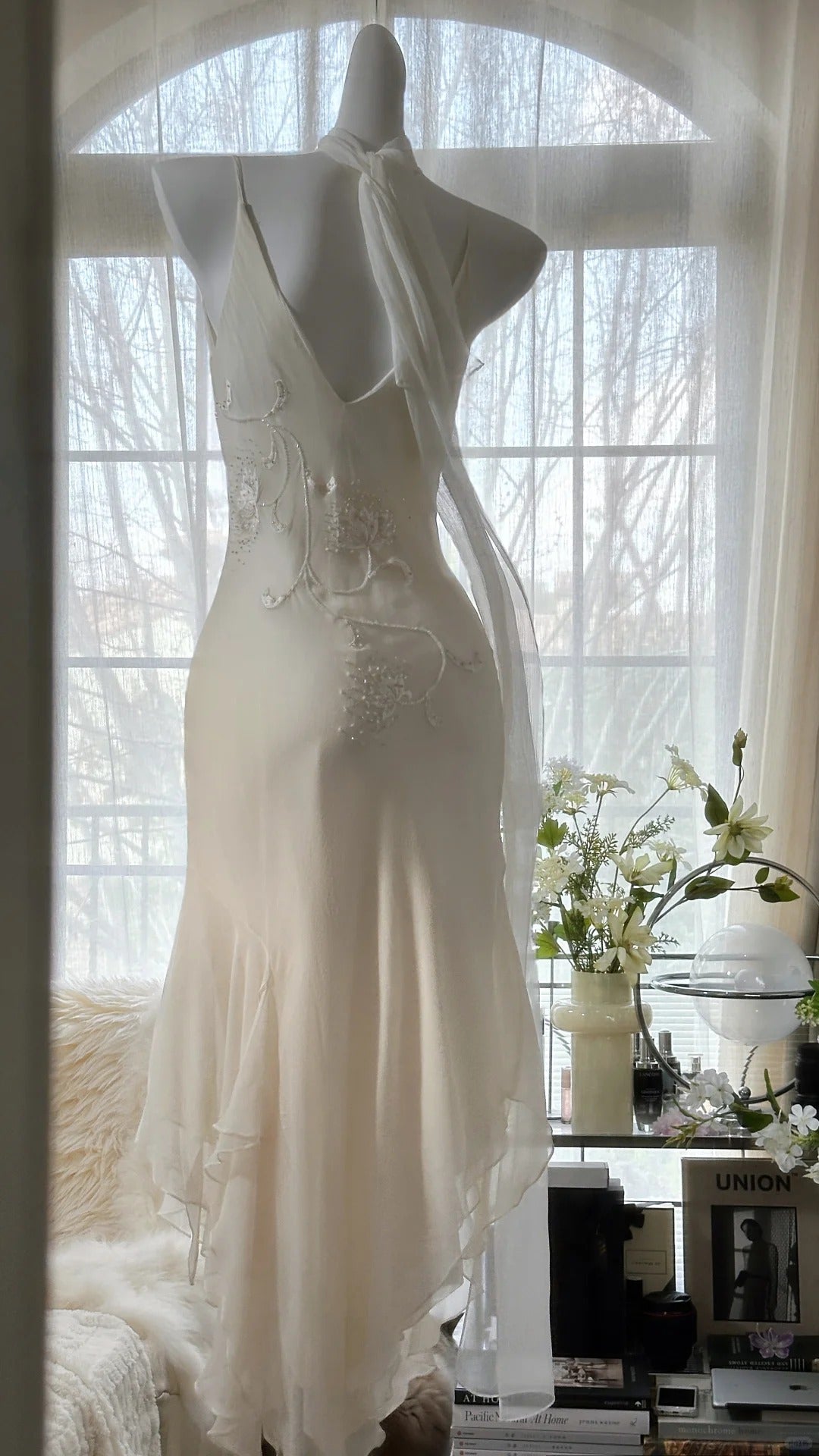 Ivory White Elegant Fashion Exquisite Floral Beading Long Chiffon Ball Gown Evening Dress Party Dress gh4006