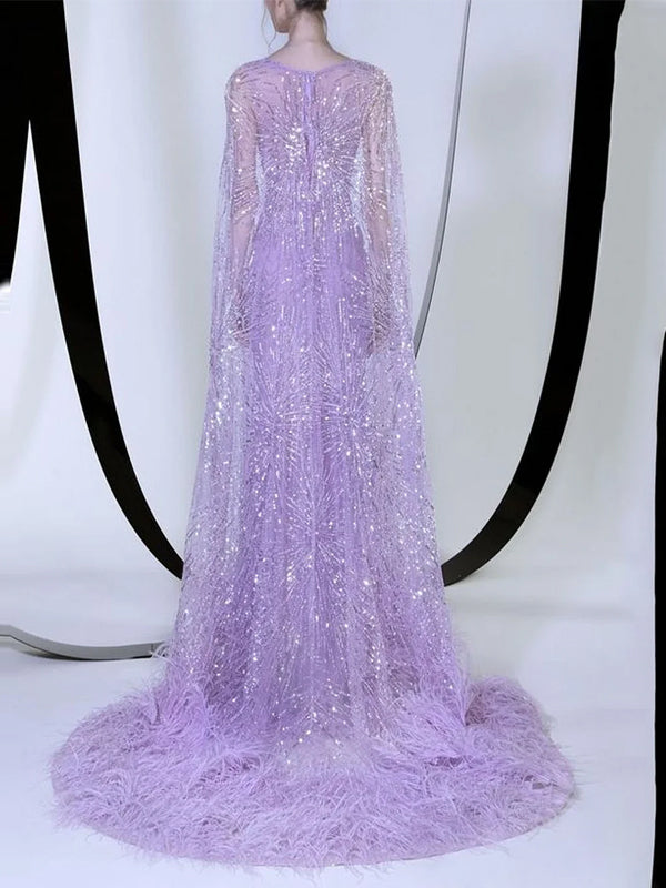 Elegant Feather Sequin Cape Maxi Dress