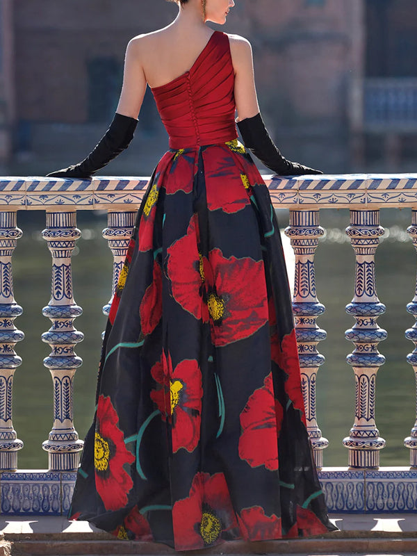 One Shoulder Pleated Bodice Printed Dress