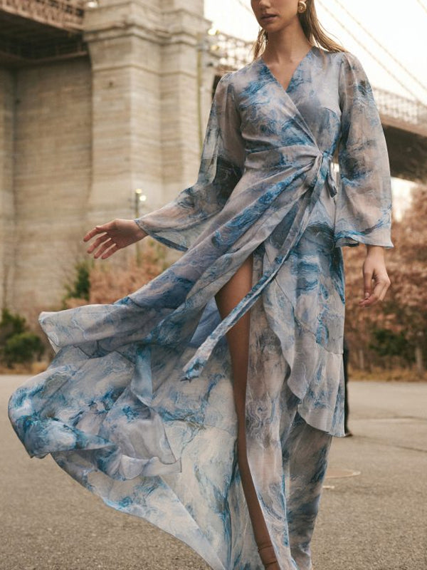 Blue V-neck Print Maxi Dress