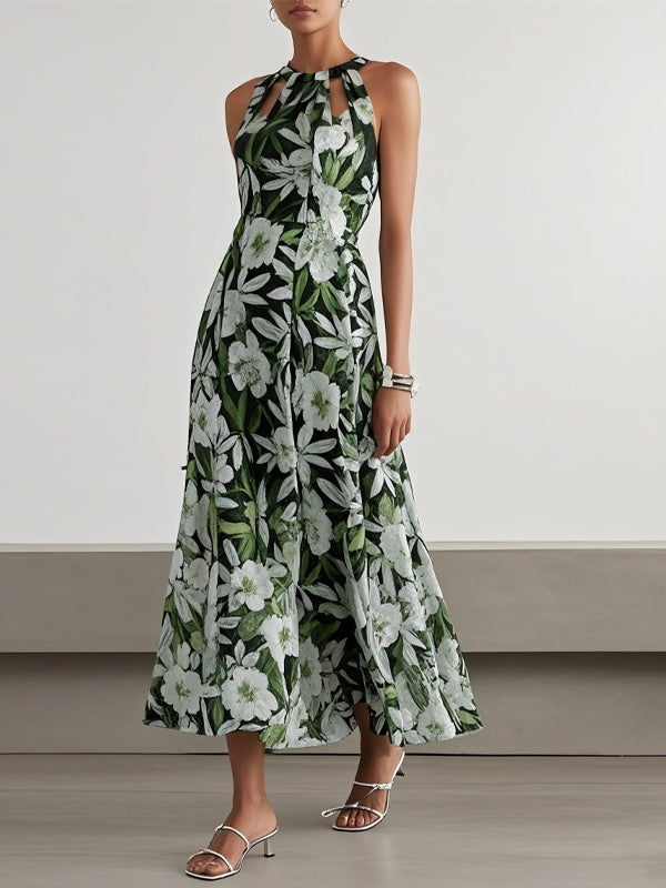 Halter Neck Printed Hollow Midi Dress