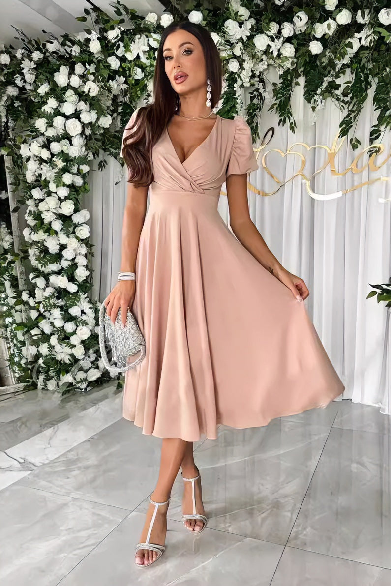 loveedsTM-Sexy V-neck solid color short-sleeved midi dress