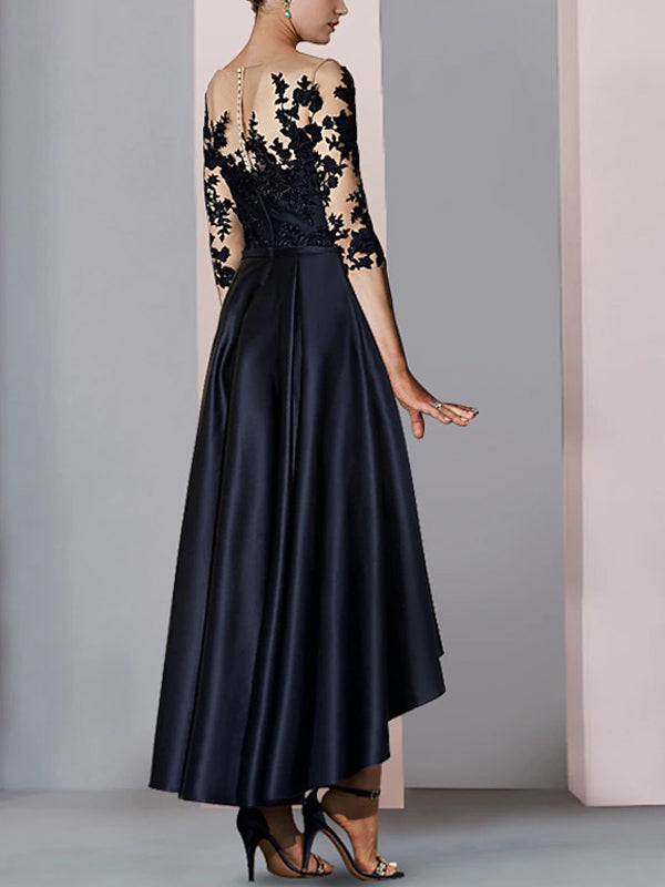 Round Neck Lace Solid Color Midi Dress