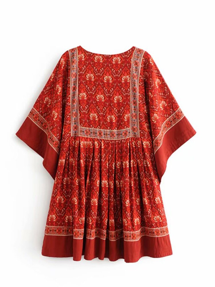 loveedsTM- Vintage Chic Fashion Women Red Floral Print O-neck Loose Bohemian Mini Dresses Ladies Batwing Sleeve Cotton Beach Boho Dress