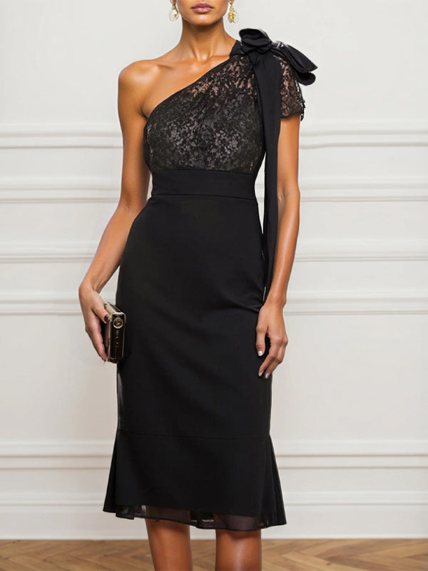 Black Lace Bow Lace One Shoulder Sleeveless Sheath Midi Dress