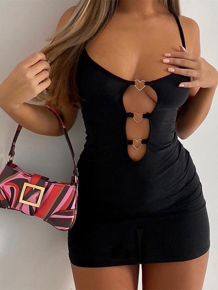 loveedsTM- Hollow Out Black Bodycon Woman Dress Camisole Heart Ring Decor Club Sexy Party Dress For Women Short Mini Dress