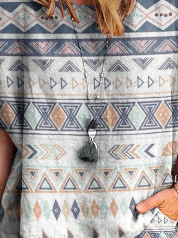 Women's Round Neck Geometric Print Short Sleeve Suit