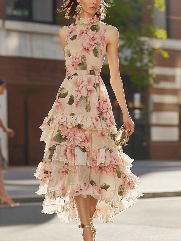 Pink Halterneck Printed Chiffon Midi Dress