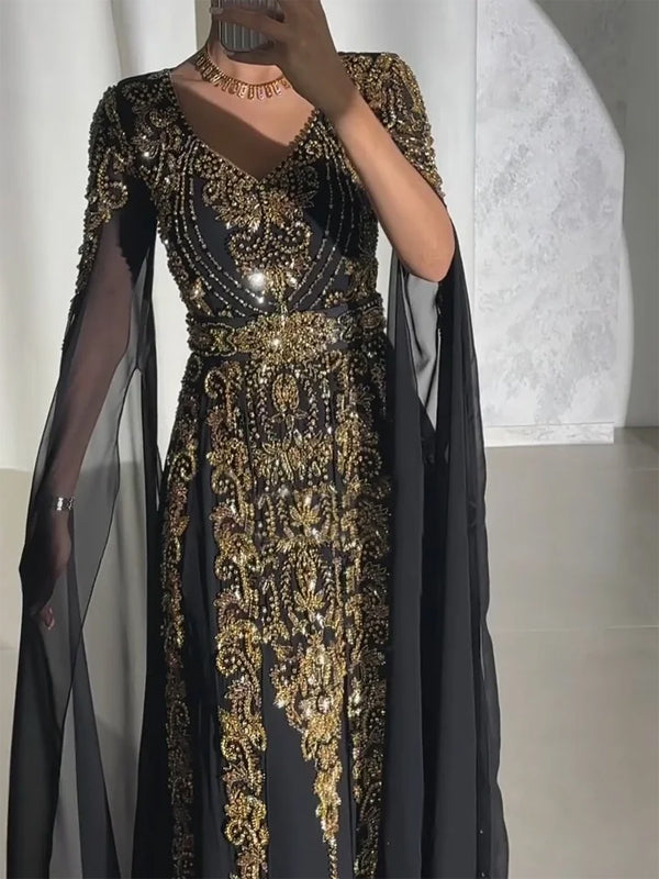 V-neck Sequined Mesh Solid Color Maxi Dress