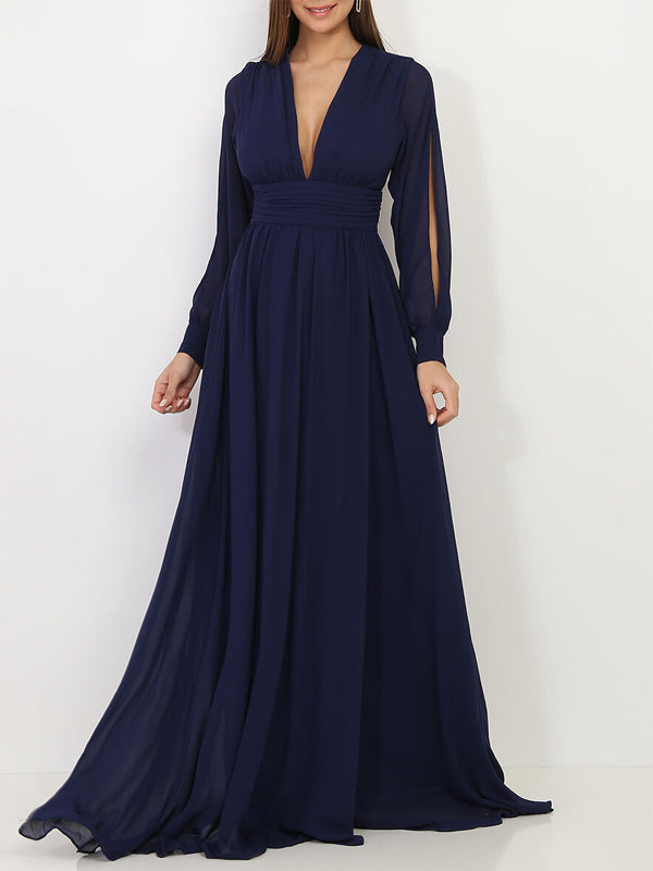 V-neck Solid Color Long Sleeve Chiffon Maxi Dress