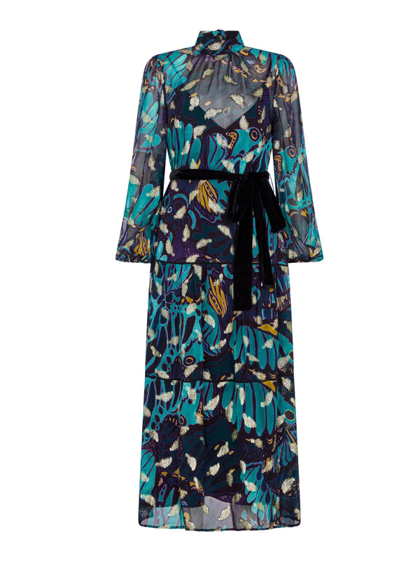 The Edith Blouson Sleeve Midi Dress in Feather Lurex