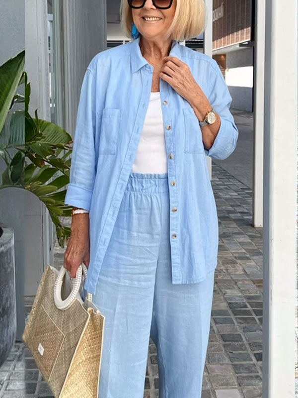 Solid Color Cotton Linen Shirt Women's Sets