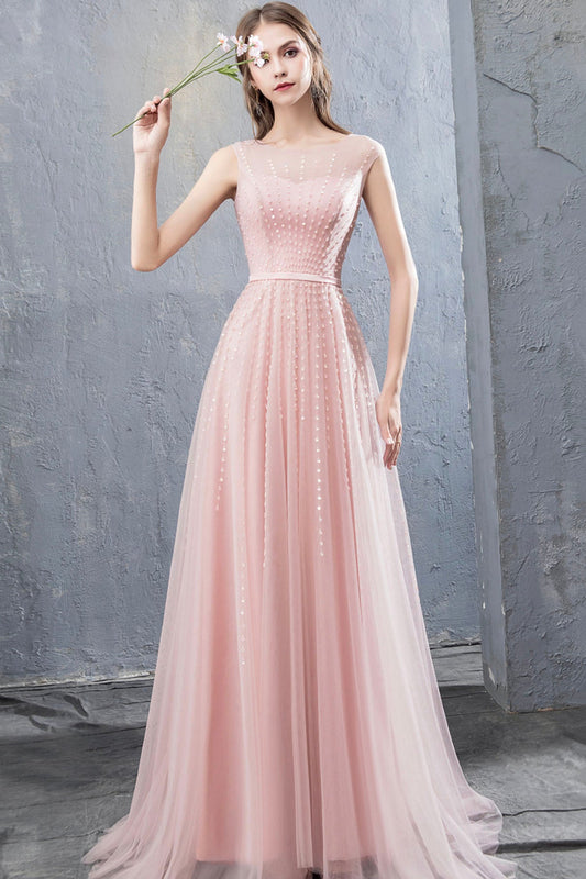 Pink Scoop Tulle Prom Dress with Beaded, Pink Floor Length Party Dress