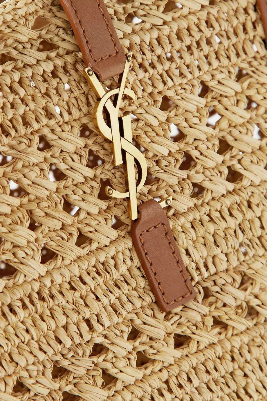SAINT LAURENT Panier small leather-trimmed raffia tote