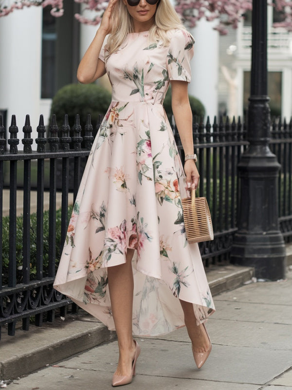 Pink Crew Neck Print Midi Dress