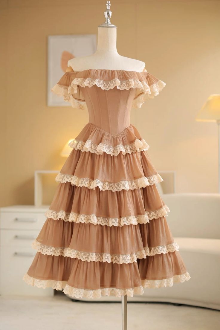 Light Brown Elegant Delicate Lace Midi/Short Chiffon Tiered Homecoming Dress Prom Dress Evening Dress Wedding Guest/Birthday/Garden Party Dress gh4131