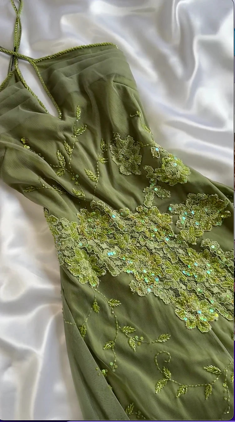 Vintage A Line Halter Sequin Appliques Green Chiffon Prom Dress Evening Dress SH2298