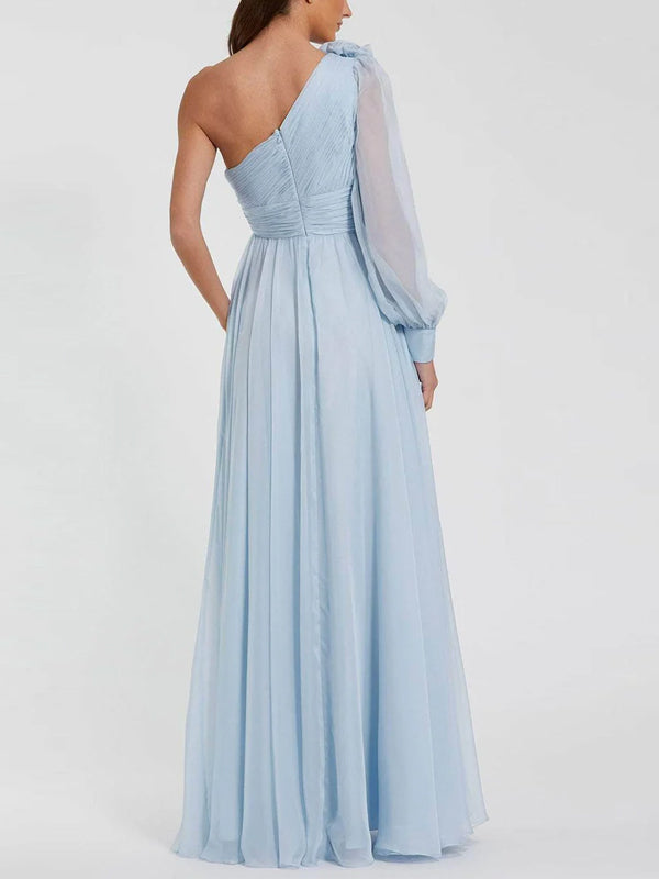 Light Blue Slit Chiffon One Shoulde Maxi Dress