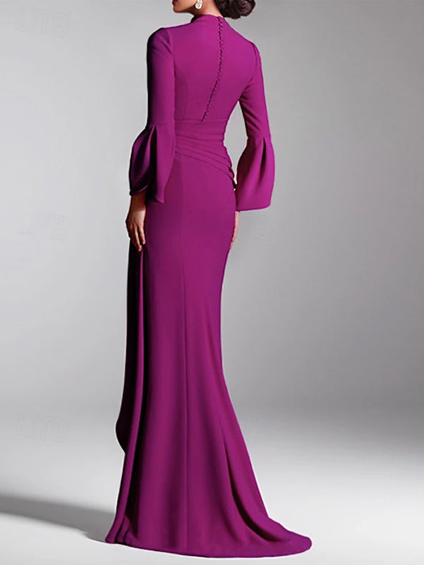V-neck Long Sleeve Solid Color Maxi Dress