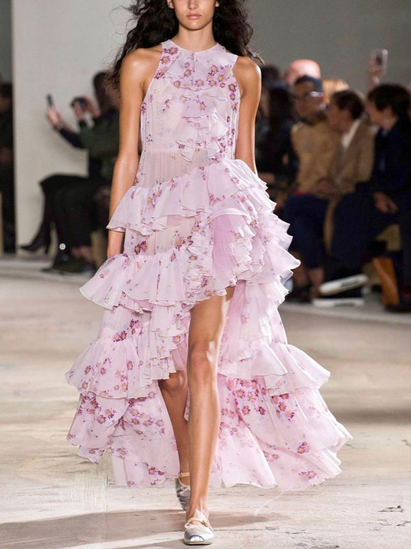 Pink Round Neck Sleeveless Print Midi Dress