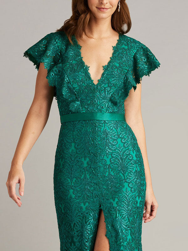 Sequined Embroidered Sleeve Gown